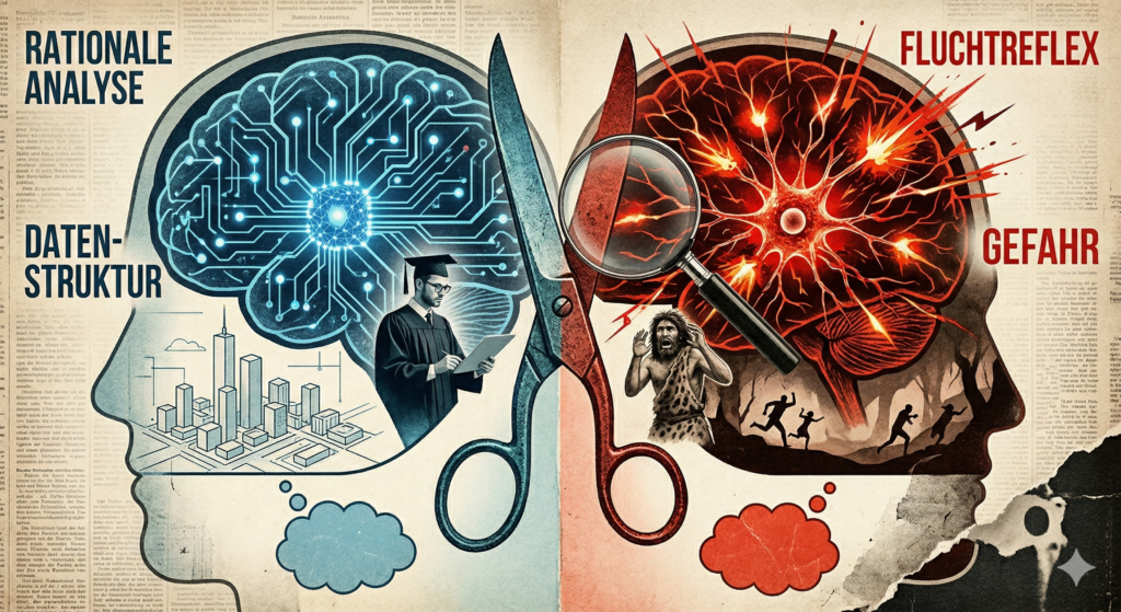 Eine zweiseitige Collage-Illustration, die ein offenes Buch auf einem vergilbten Zeitungshintergrund darstellt, durch das eine große Schere schneidet. Die linke Seite zeigt ein menschliches Gehirn als blaue, leuchtende Schaltkreisplatine mit Titeln wie 'RATIONALE ANALYSE' und 'DATEN-STRUKTUR'. Darunter ein Data Scientist und eine Stadt. Die rechte Seite zeigt ein Gehirn als feurige, rote Blitzschläge mit Titeln wie 'FLUCHTREFLEX' und 'GEFAHR'. Darunter eine Lupe, die einen fliehenden Höhlenmenschen und Silhouetten von Menschen zeigt. Unten befinden sich blaue und rote Denkblasen. Dies symbolisiert die Trennung zwischen rationalem Denken und primitivem Instinkt.